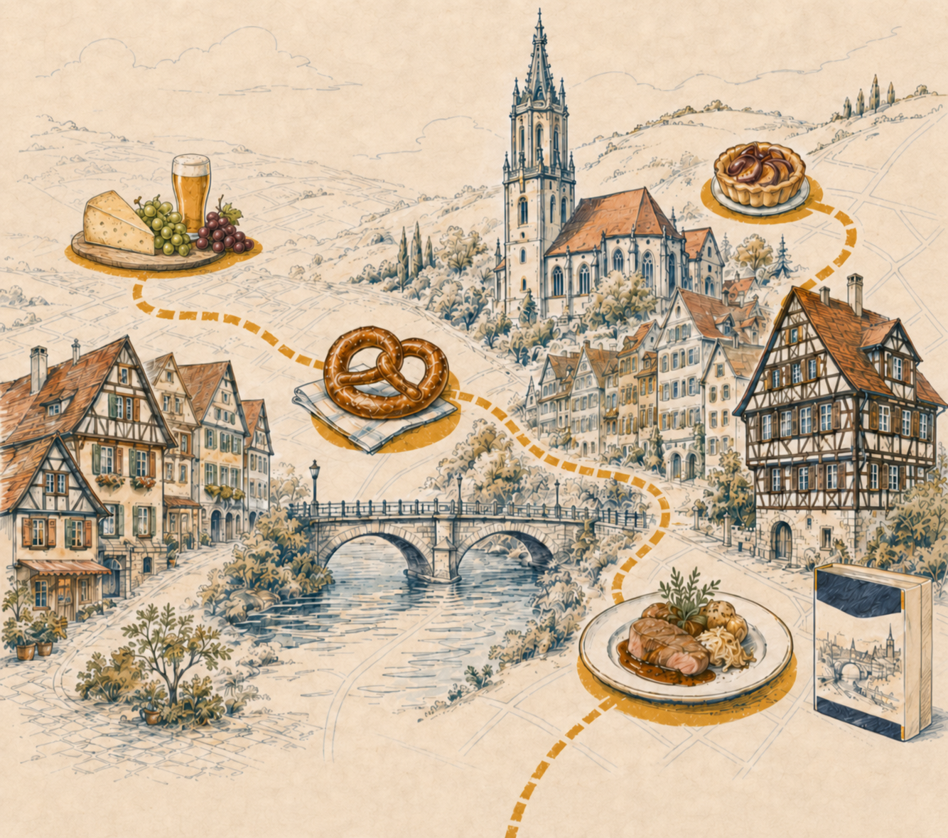 Illustrierte Route durch Tübingen mit kulinarischen Stationen, Wein, Bier und Käse